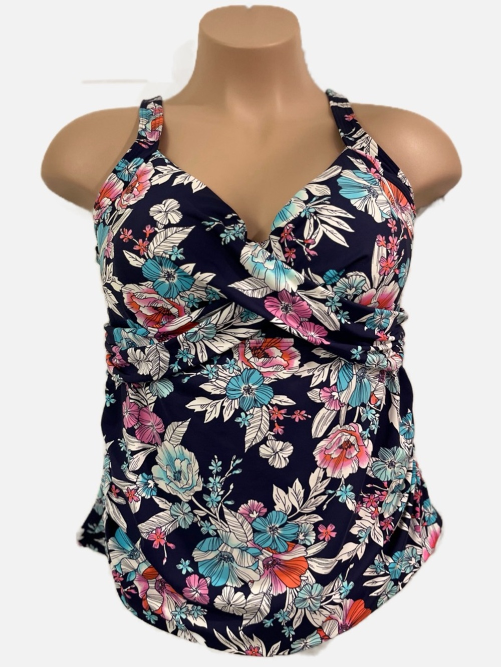Lands' End Women’s Swimsuit Bathing Suit Tankini Top Pink, Teal Coral Floral 18W